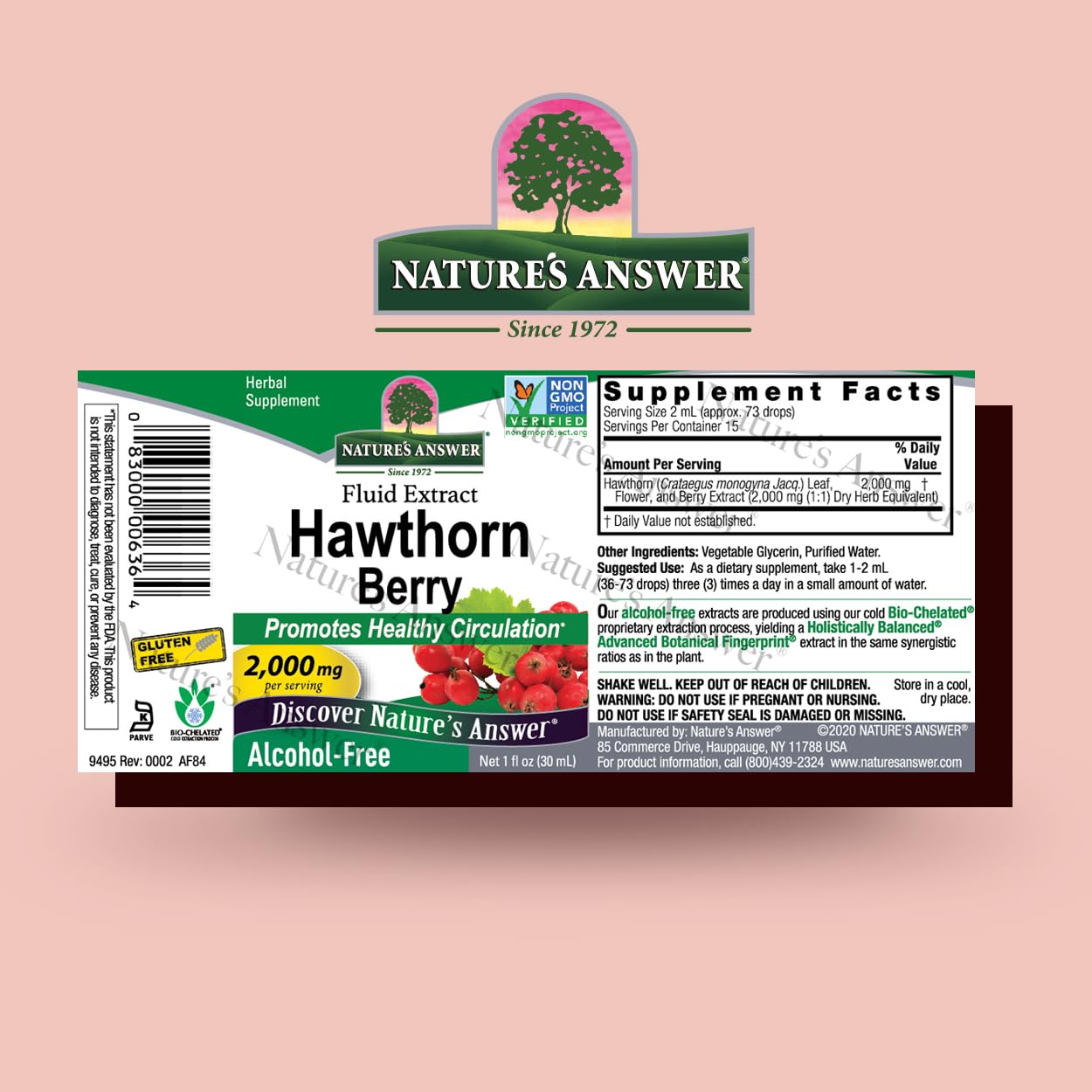 Nature's Answer Hawthorn Berries label close-up emphasizing purity for cardiovascular support.