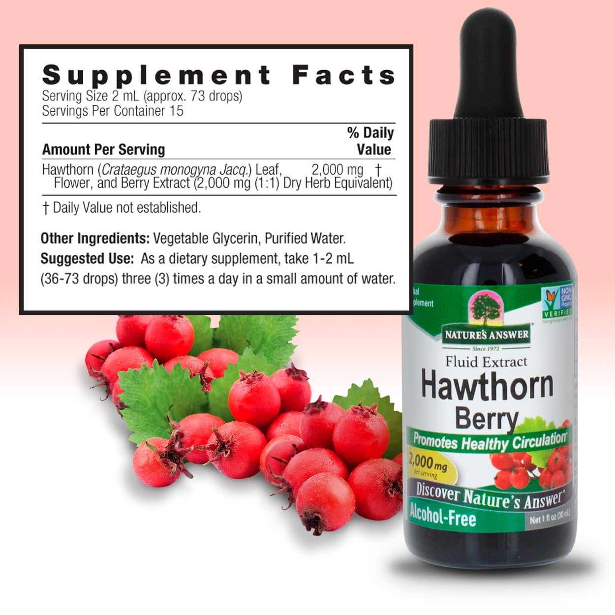 Nature's Answer Hawthorn Berries liquid drops ready for controlled daily use.