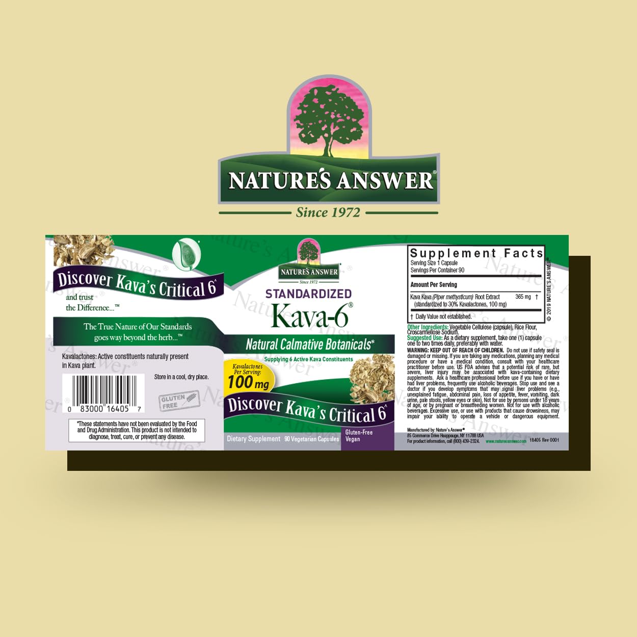 Nature's Answer Kava Root Powder label emphasizes gluten free vegan ingredients.