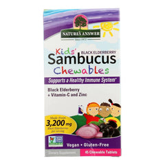 Nature's Answer Kids Sambucus chewables bottle with elderberry, vitamin C, and zinc for immune support.