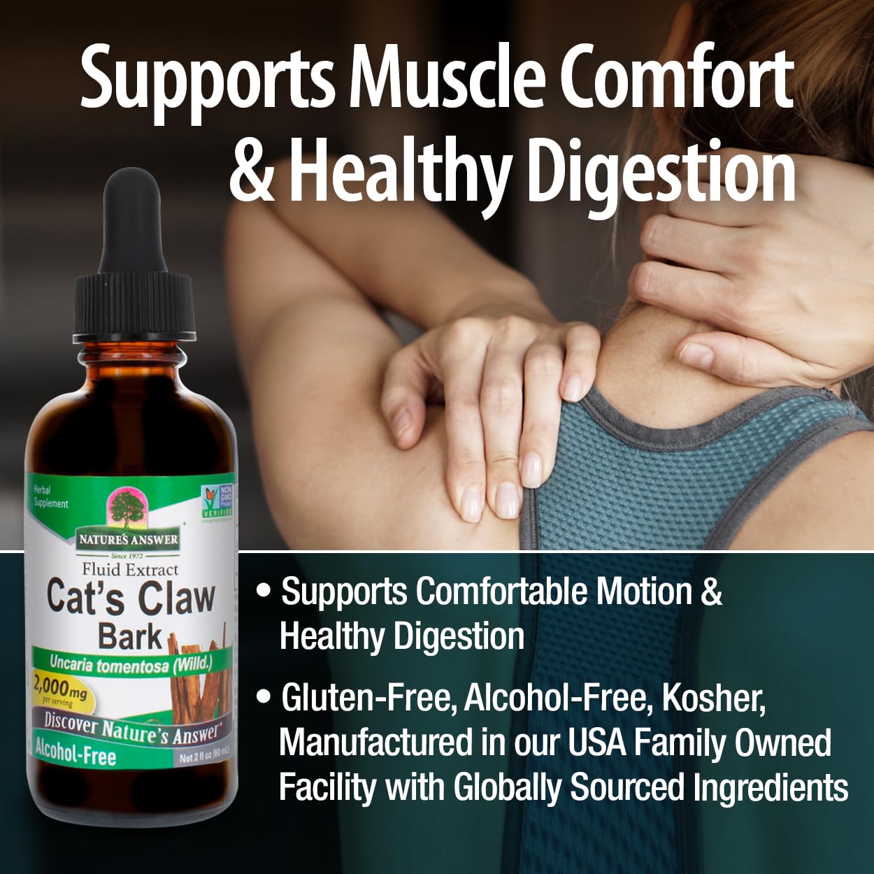 Kosher certified label on Nature's Answer Cat Claw bottle reinforces trusted quality.
