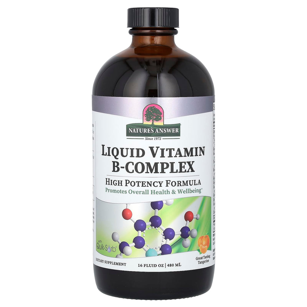 Nature's Answer Liquid B-Complex bottle pouring to highlight fast absorption.