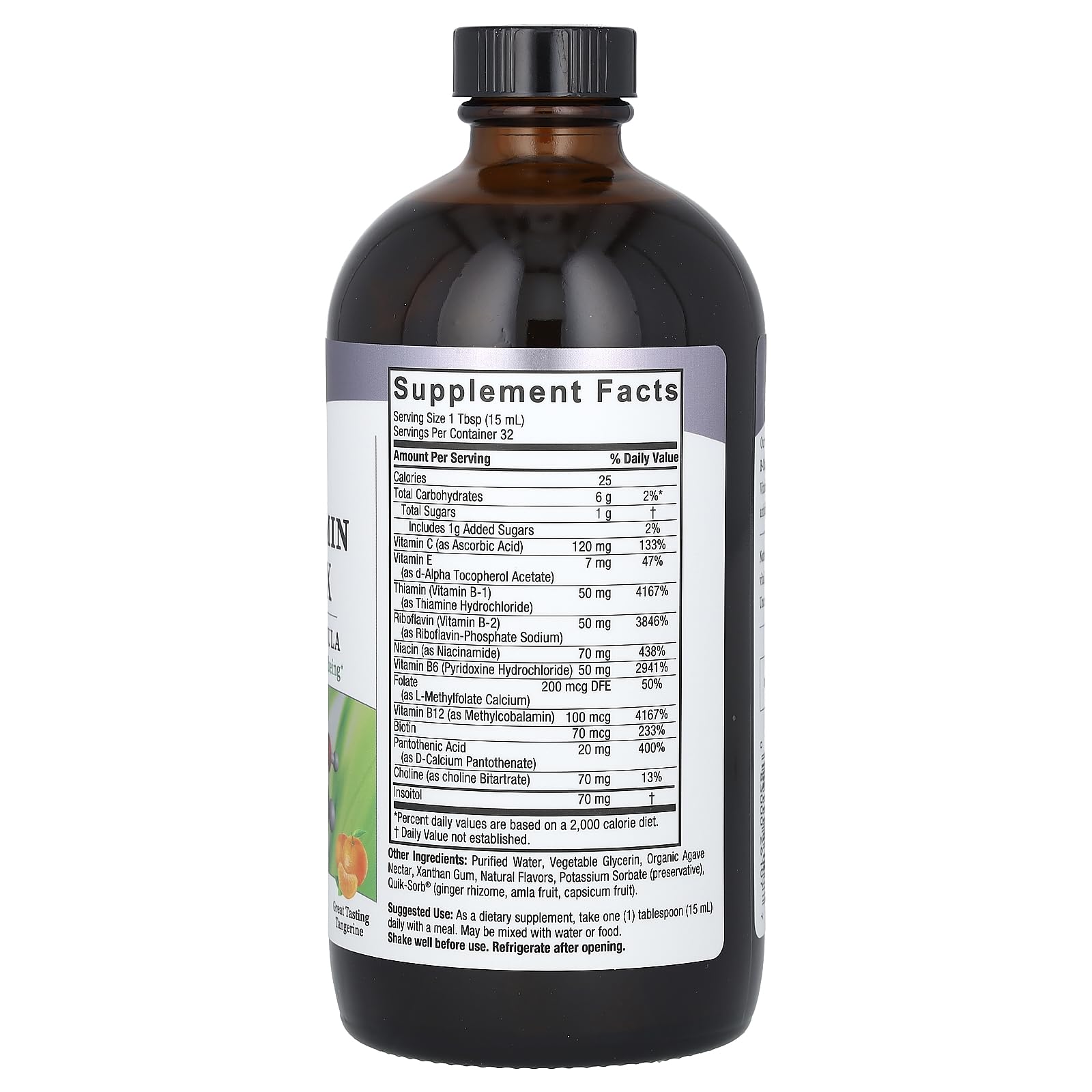 Nature's Answer B-Complex with Tangerine flavor in glass ready for daily use.