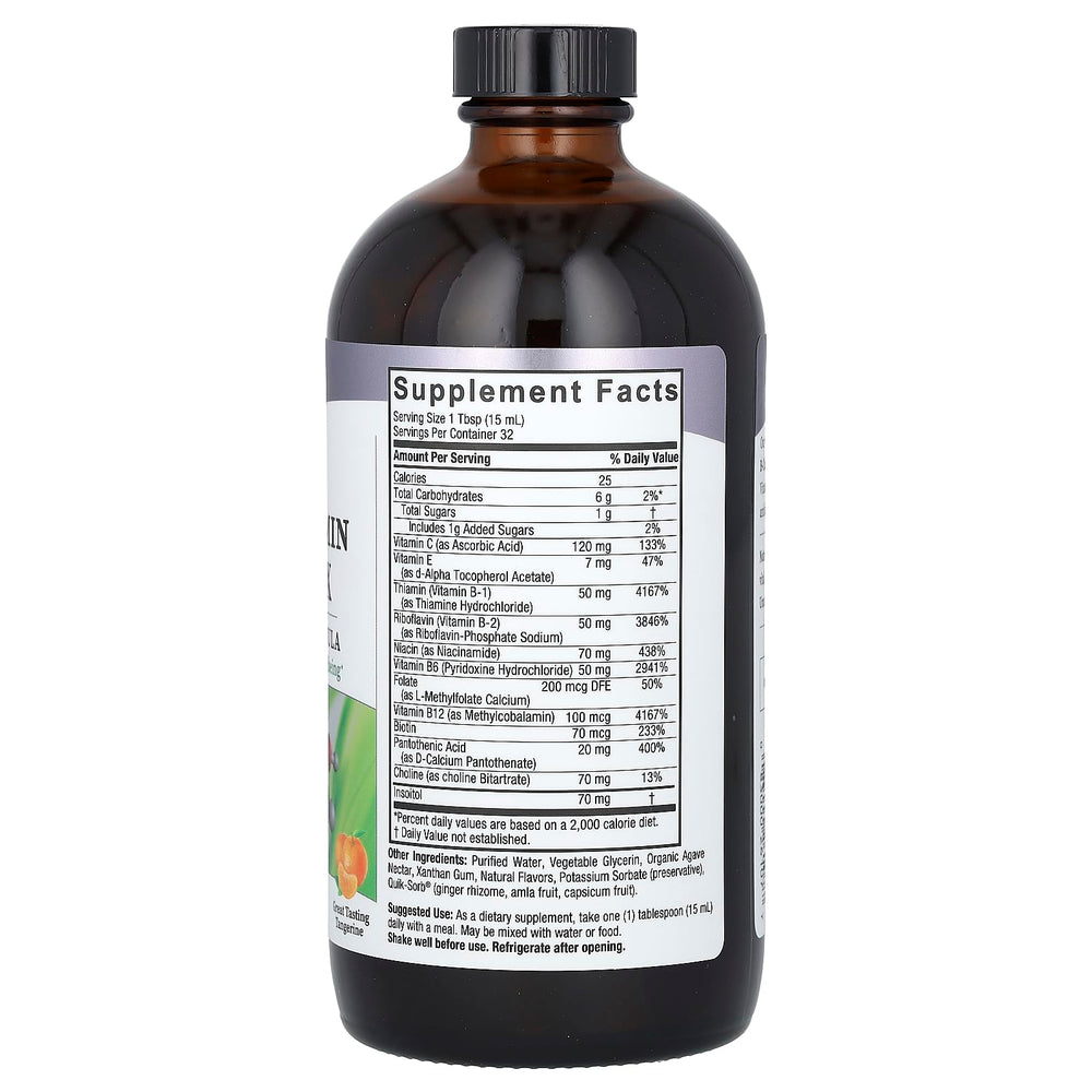 Nature's Answer B-Complex with Tangerine flavor in glass ready for daily use.