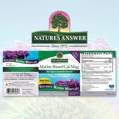 Nature's Answer marine-derived calcium supplement label highlights vegan and gluten-free benefits