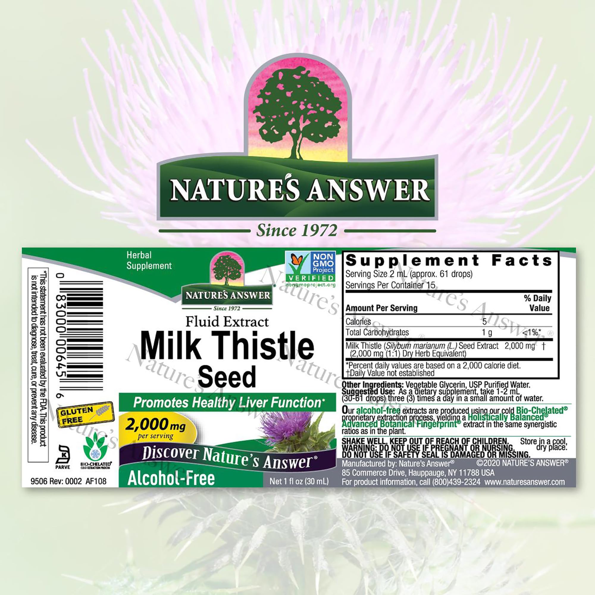 Nature's Answer Milk Thistle bottle label close-up highlighting Bio-Chelation and cold extraction