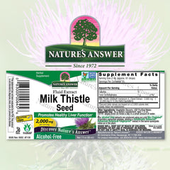 Nature's Answer Milk Thistle bottle label close-up highlighting Bio-Chelation and cold extraction