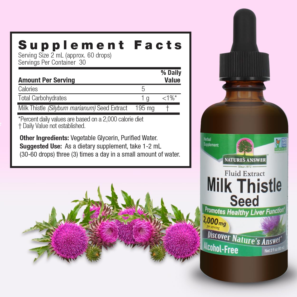 Close-up of Nature's Answer Milk Thistle label highlighting quality.