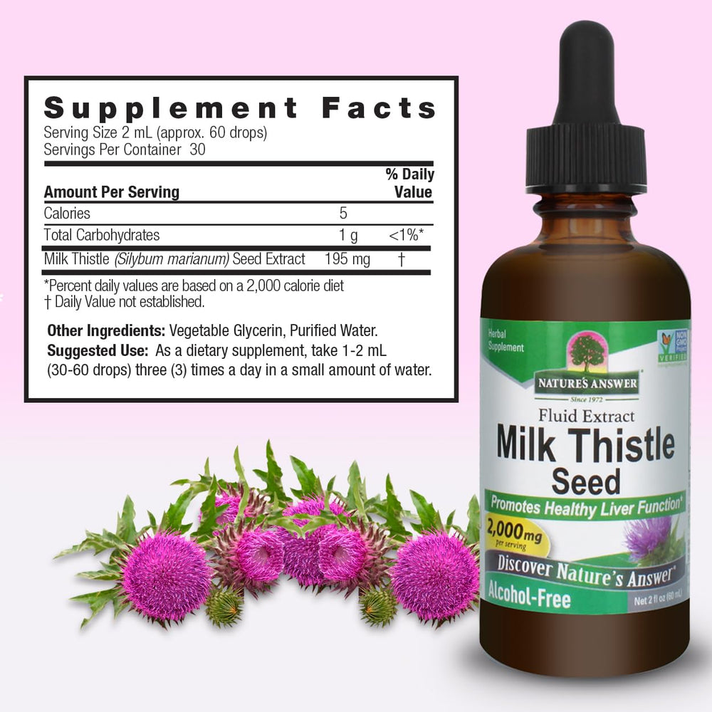 Close-up of Nature's Answer Milk Thistle label highlighting quality.