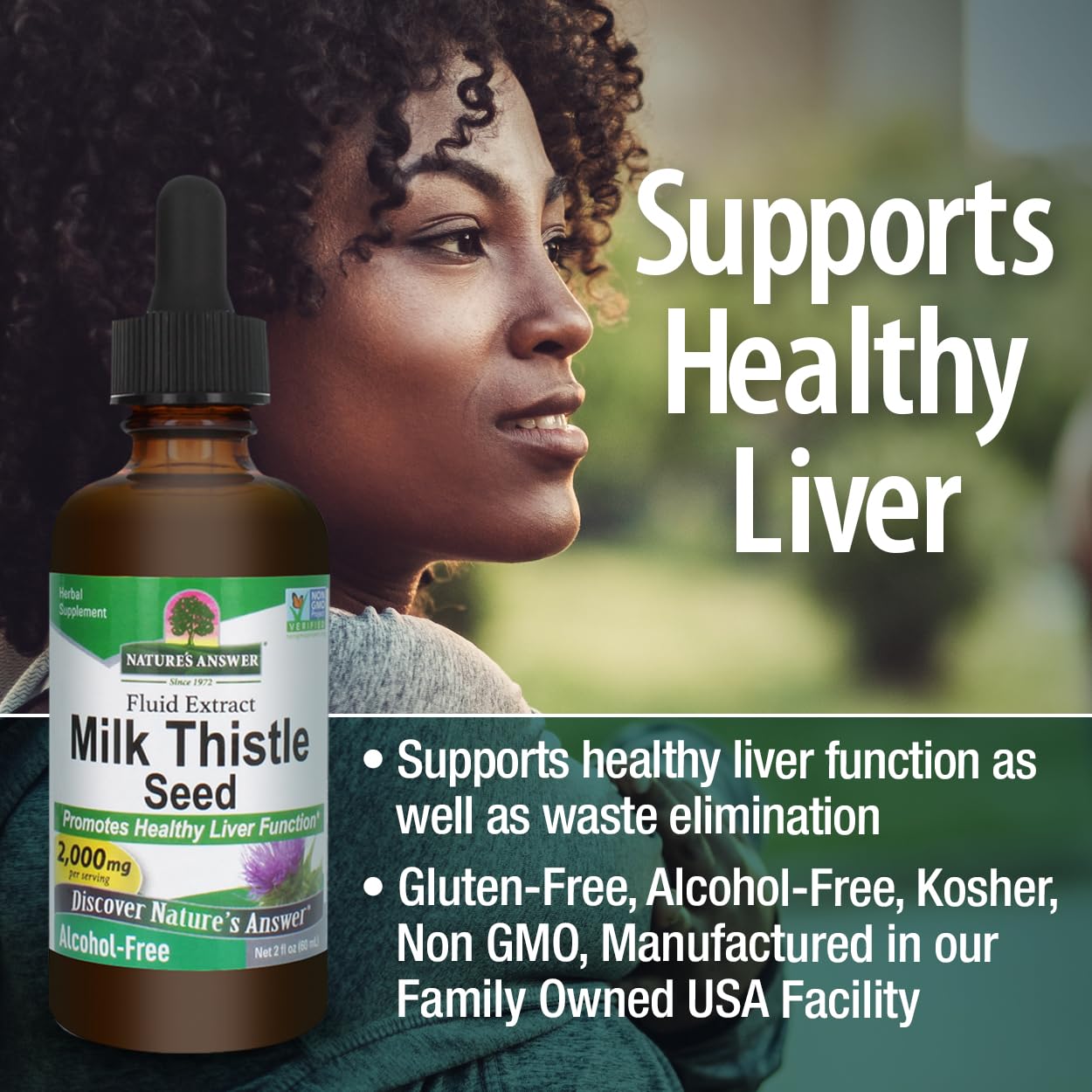 Packaging and bottle of Nature's Answer Milk Thistle on a clean display.