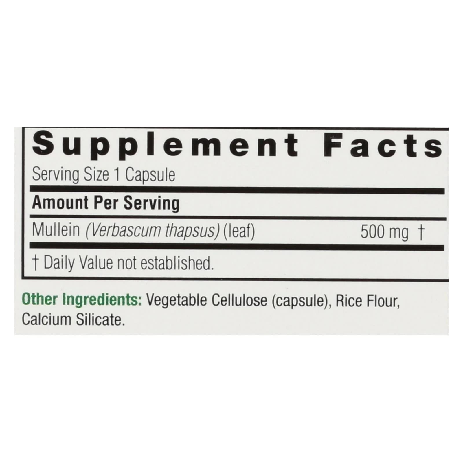 Nature's Answer Mullein Leaf Capsules packaging on display; alcohol-free and vegan-friendly formula.