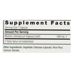 Nature's Answer Mullein Leaf Capsules packaging on display; alcohol-free and vegan-friendly formula.