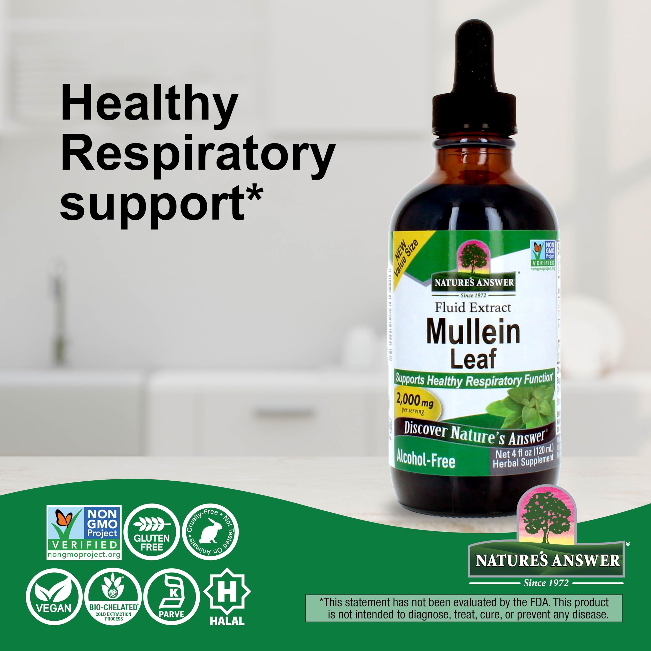 Nature’s Answer Mullein Leaf Extract drops in water illustrating easy mixing for breath support