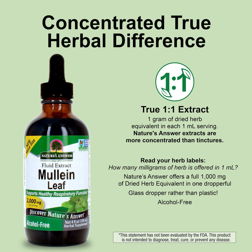 Nature’s Answer Mullein Leaf Extract packaging on shelf signaling clean, gluten-free botanicals