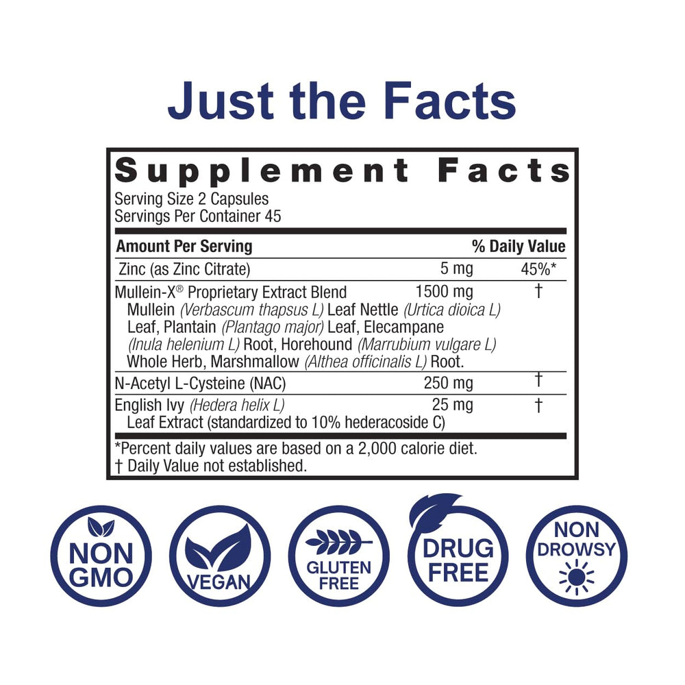 Nature's Answer MulleinX label closeup emphasizing NAC and zinc for immune and mucus support