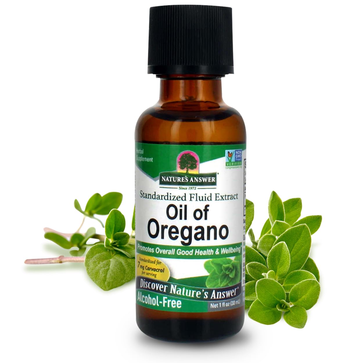 Nature's Answer Oil of Oregano Leaf bottle; emphasizes wellness and digestive support.