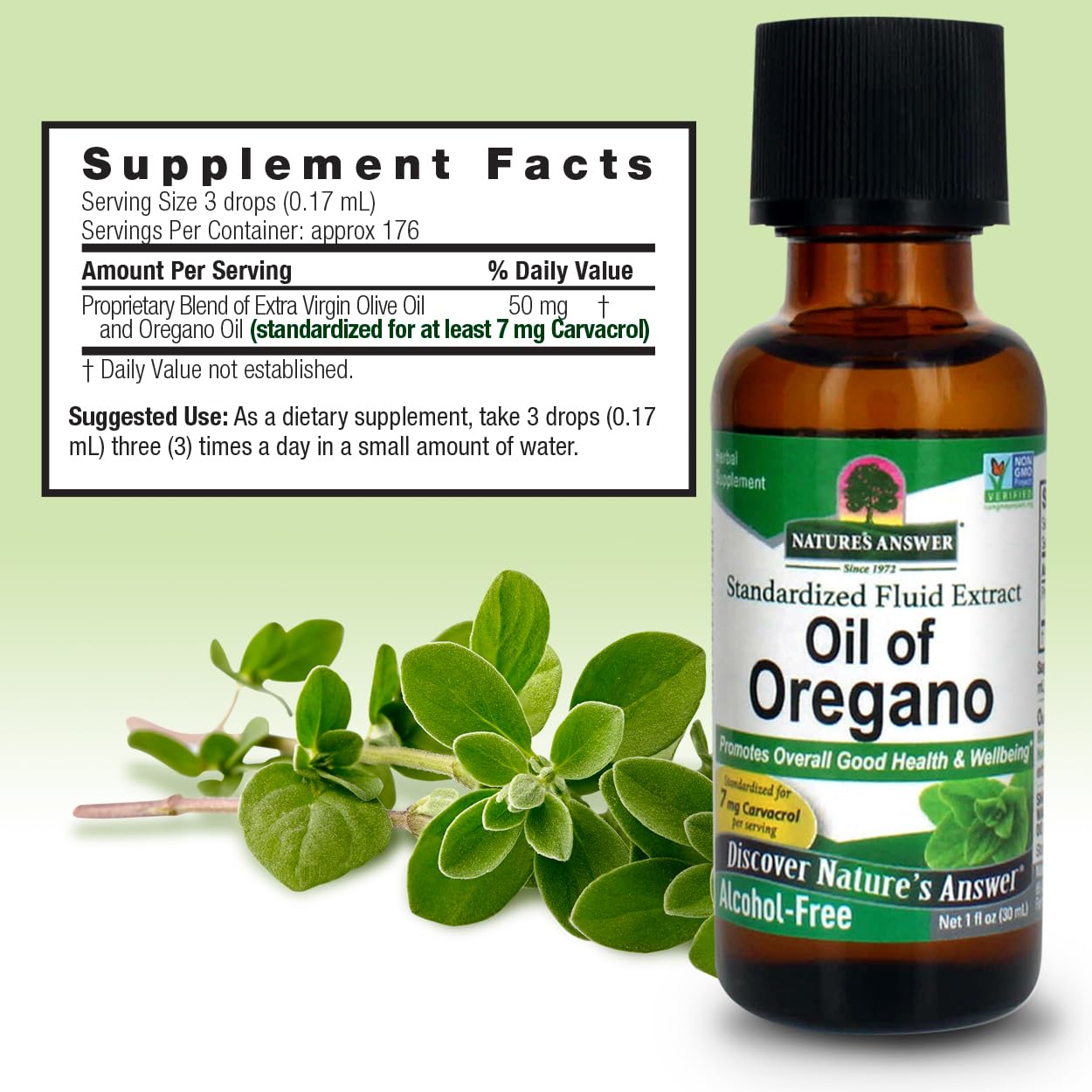 Nature's Answer Oil of Oregano Leaf dropper demonstrates precise dosing.