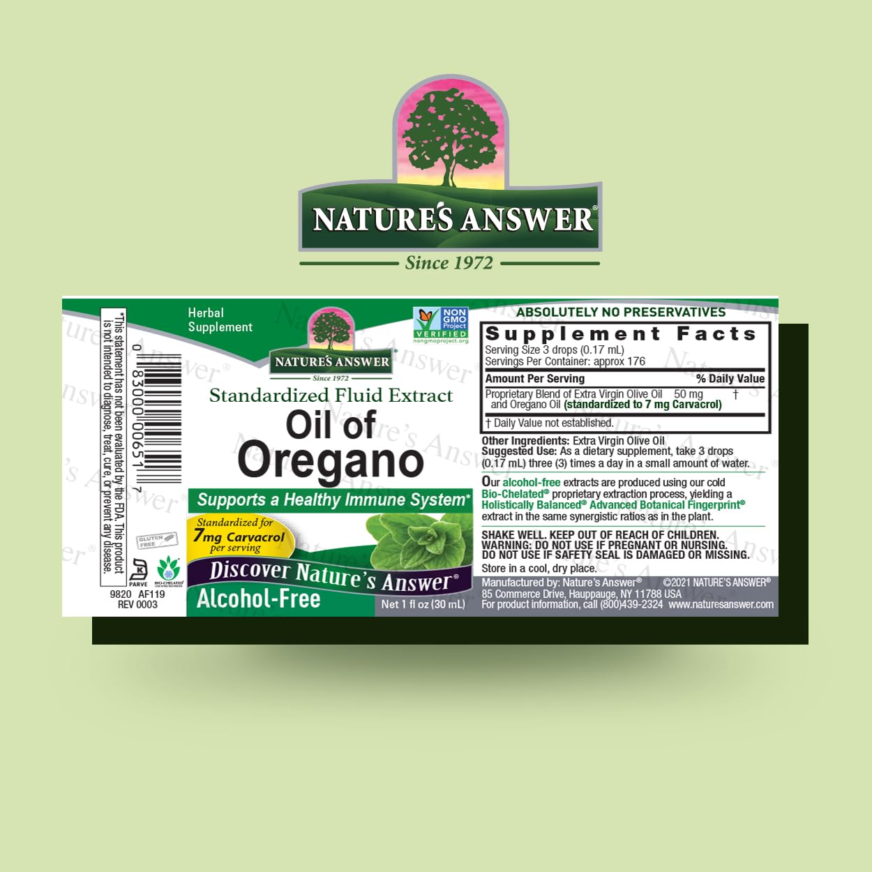 Nature's Answer Oil of Oregano Leaf label closeup highlights gluten-free and preservative-free formula.
