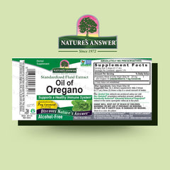 Nature's Answer Oil of Oregano Leaf label closeup highlights gluten-free and preservative-free formula.