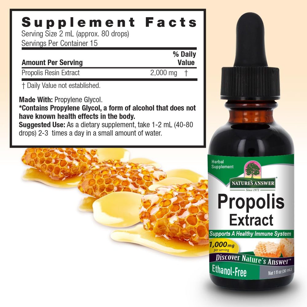 Pouring Nature's Answer Propolis Resin Extract shows convenient dose application.