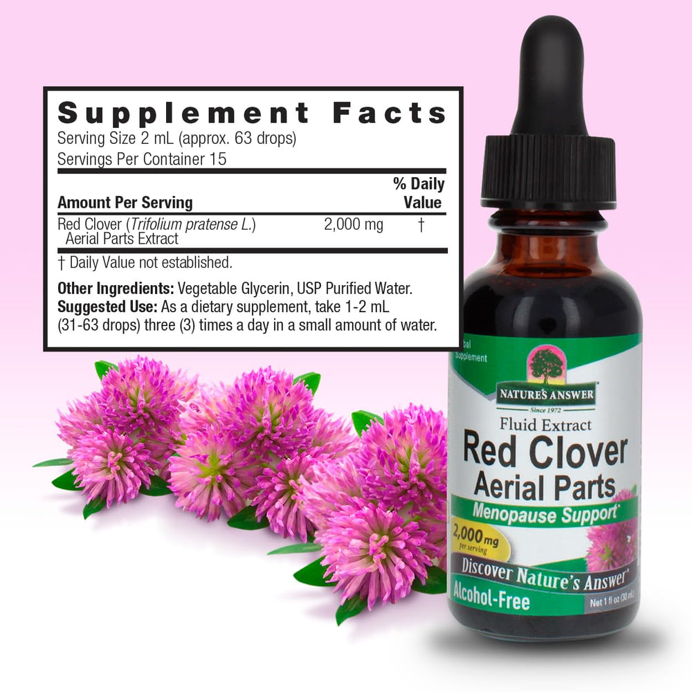 Close-up of Nature's Answer red clover extract bottle showing herbal blend