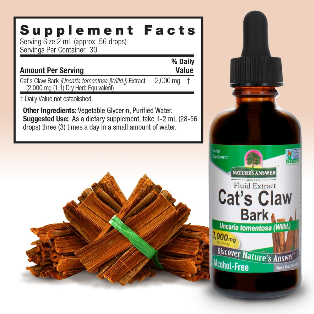 Vegan non GMO label on Nature's Answer Cat Claw bottle signals plant based use.