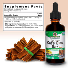 Vegan non GMO label on Nature's Answer Cat Claw bottle signals plant based use.