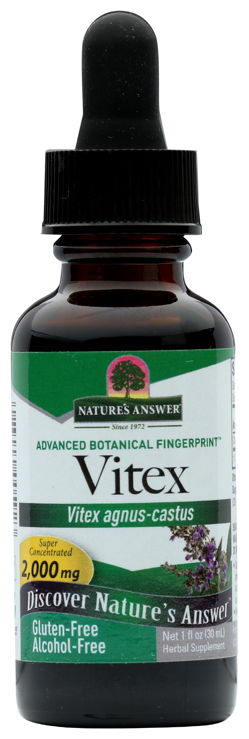 Nature's Answer Vitex Berry bottle label shows alcohol-free formula supporting hormonal balance