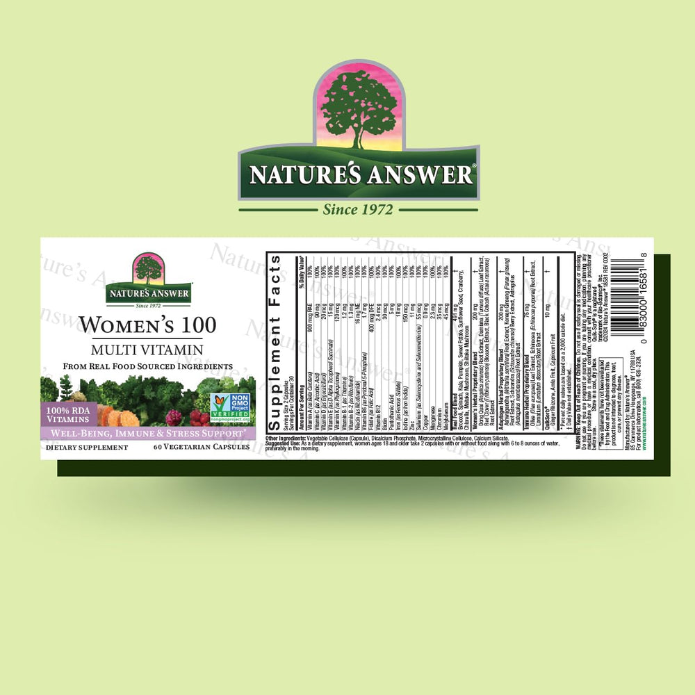 Nature's Answer Women's 100 multivitamin bottle side view shows capsules.
