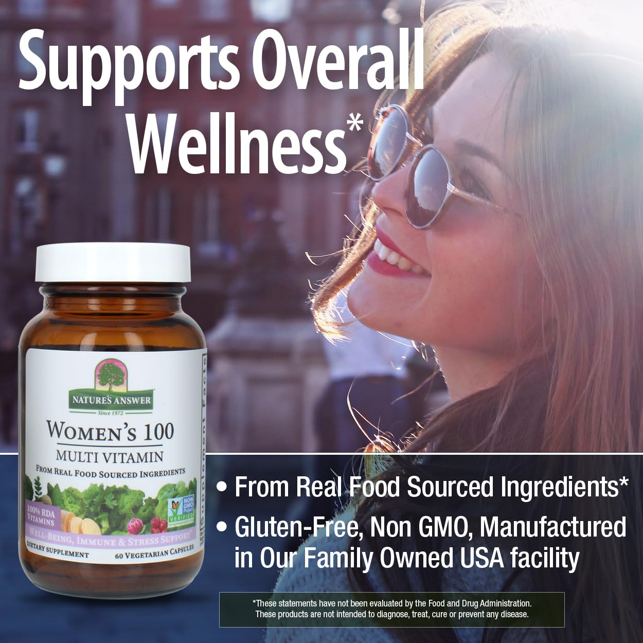 Nature's Answer Women's 100 multivitamin capsules closeup shows vegetarian capsules.
