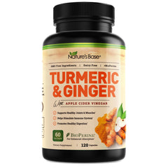 Nature's Base turmeric and ginger capsules bottle on a clean surface, signaling daily joint support.