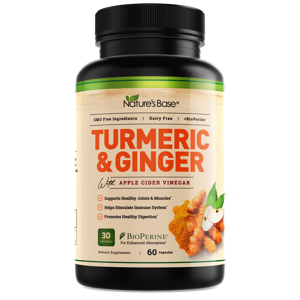 Nature's Base turmeric ginger supplement bottle with easy-to-swallow capsules