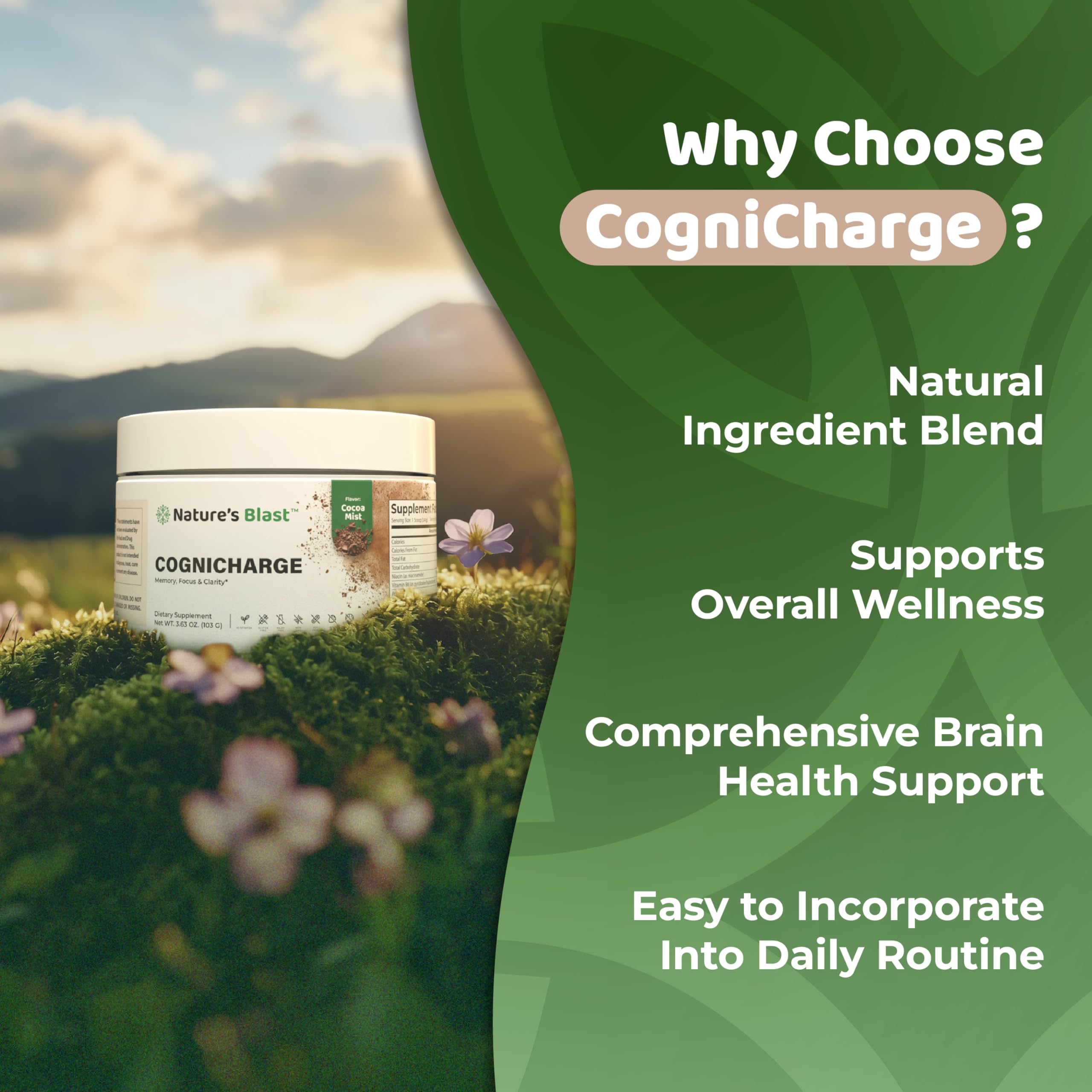 NATURES BLAST CogniCharge cocoa-mist-flavor label close-up for enjoyable daily routine