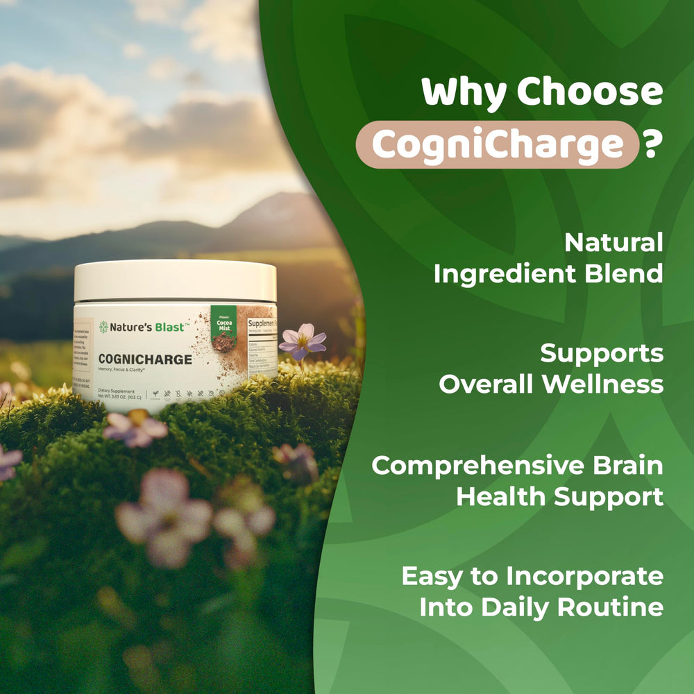 NATURES BLAST CogniCharge cocoa-mist-flavor label close-up for enjoyable daily routine