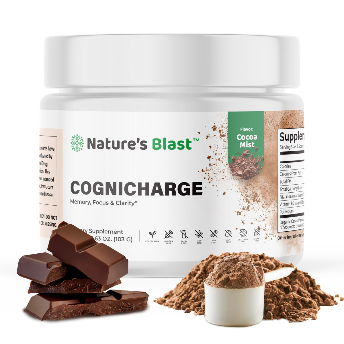 NATURES BLAST CogniCharge powder-tub for daily focus support in cocoa flavor