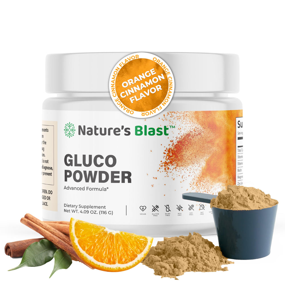 NATURES BLAST Gluco-Powder bottle showing organic formula for metabolic balance.