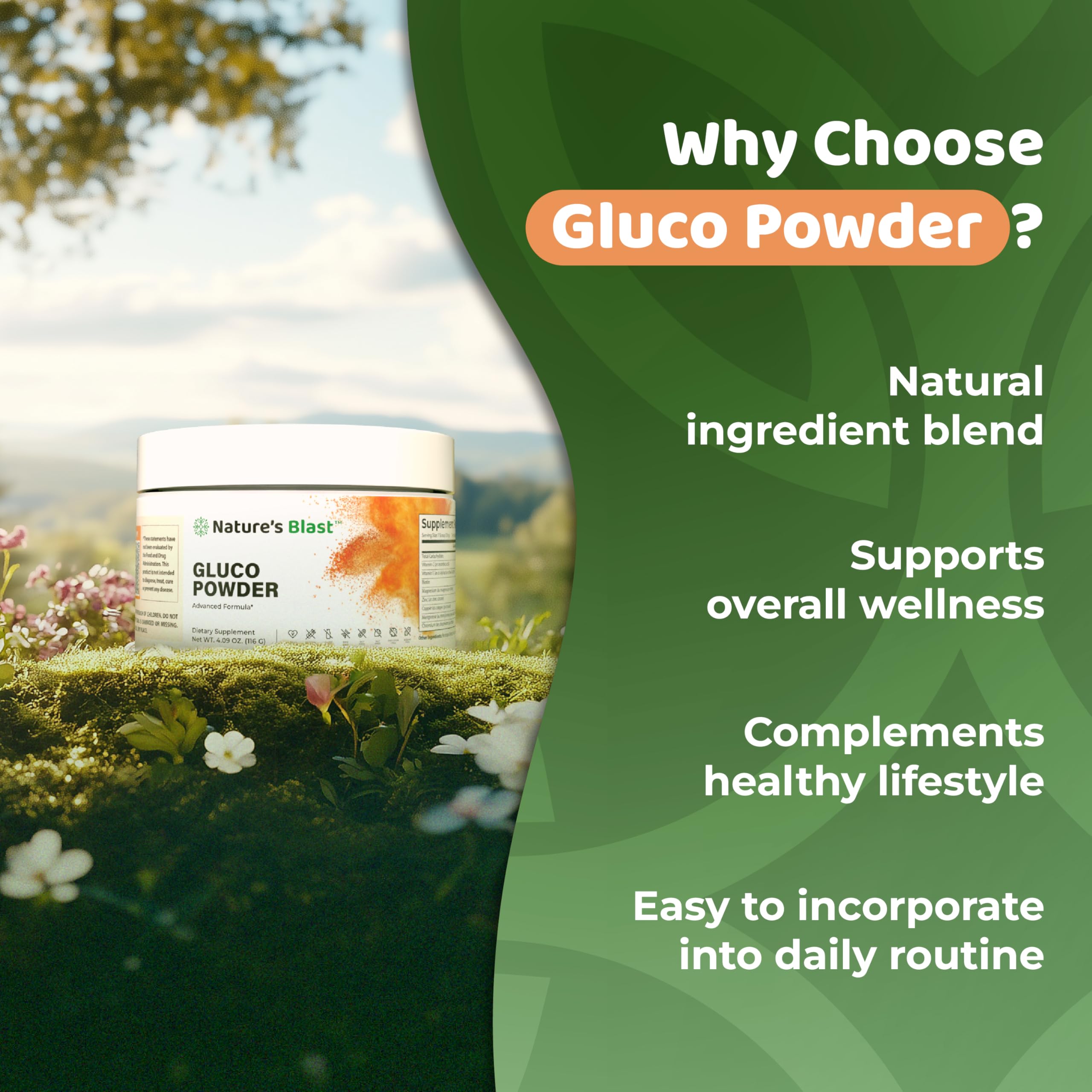 NATURES BLAST Gluco-Powder dissolves in water for a refreshing morning boost.