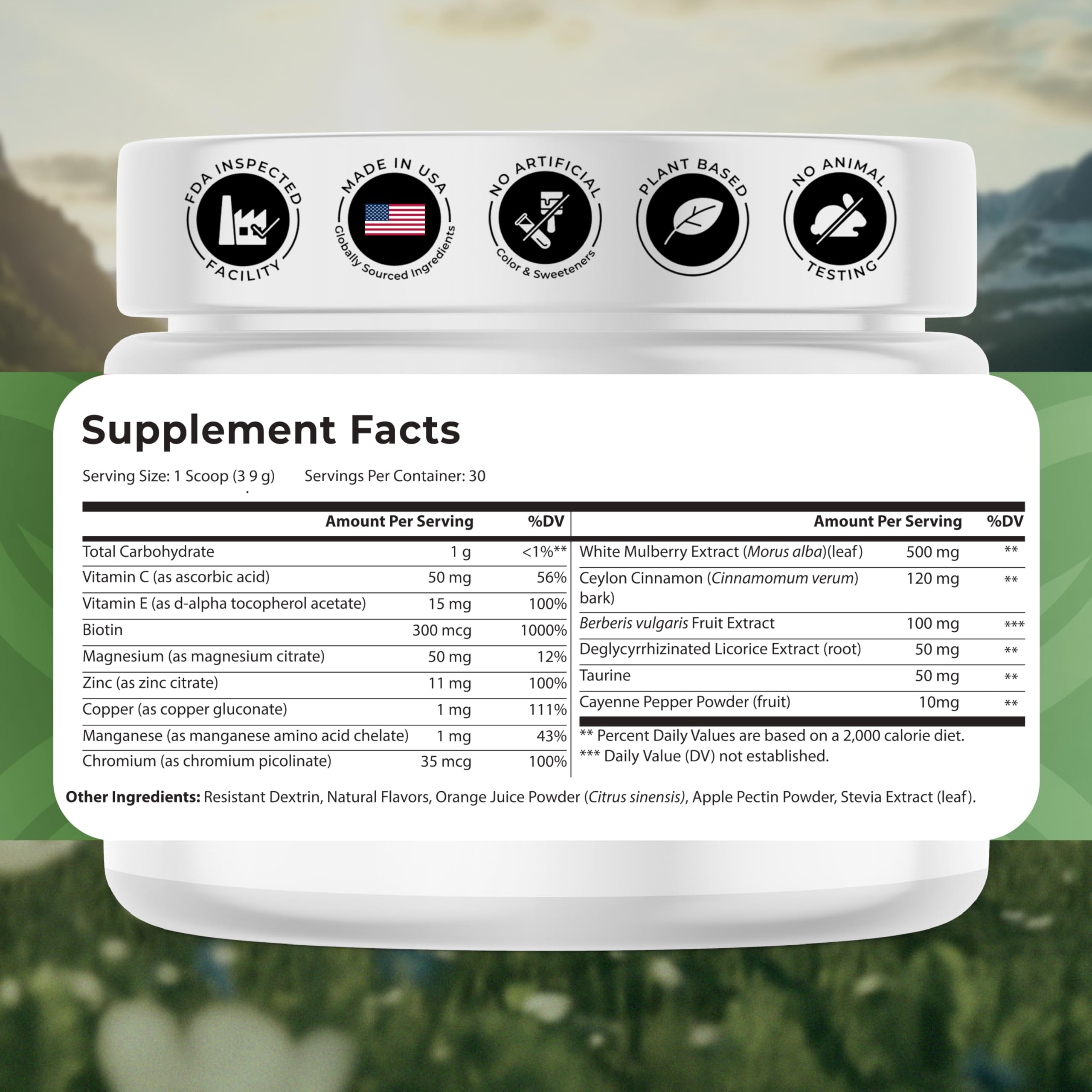 NATURES BLAST Gluco-Powder scoop beside bottle for easy daily dosing.