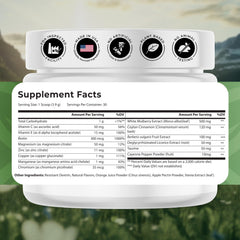 NATURES BLAST Gluco-Powder scoop beside bottle for easy daily dosing.