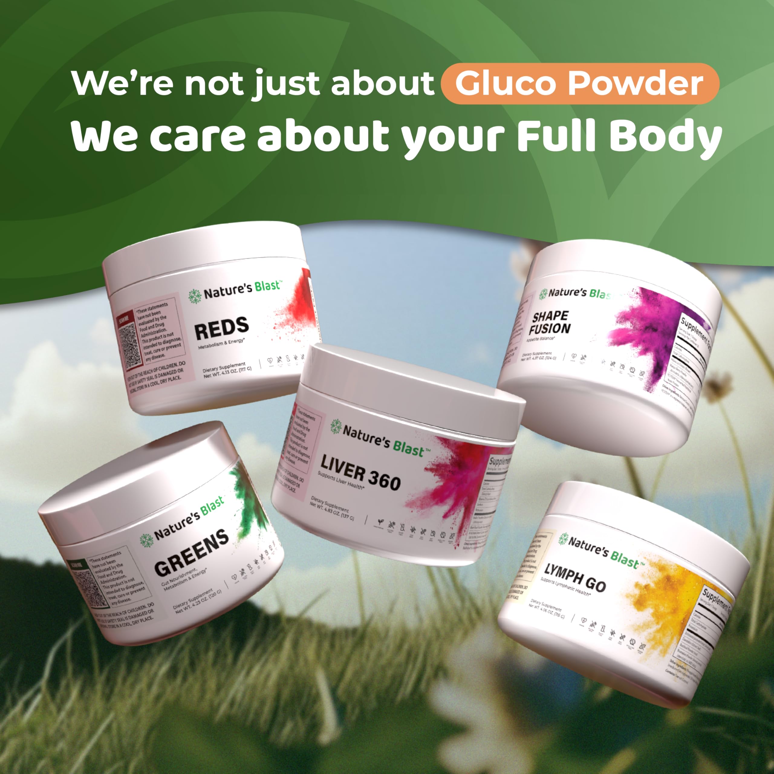 NATURES BLAST Gluco-Powder ready to blend into smoothies or drinks.