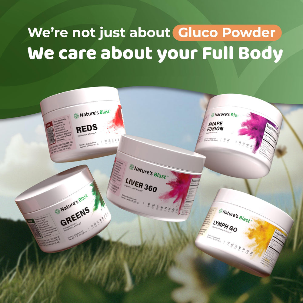 NATURES BLAST Gluco-Powder ready to blend into smoothies or drinks.