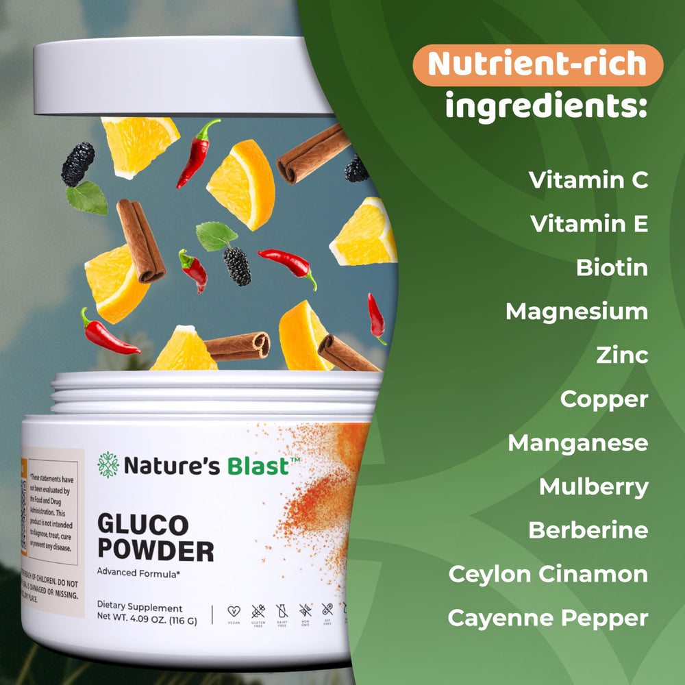 NATURES BLAST Gluco-Powder white mulberry extract highlights natural sweetness.
