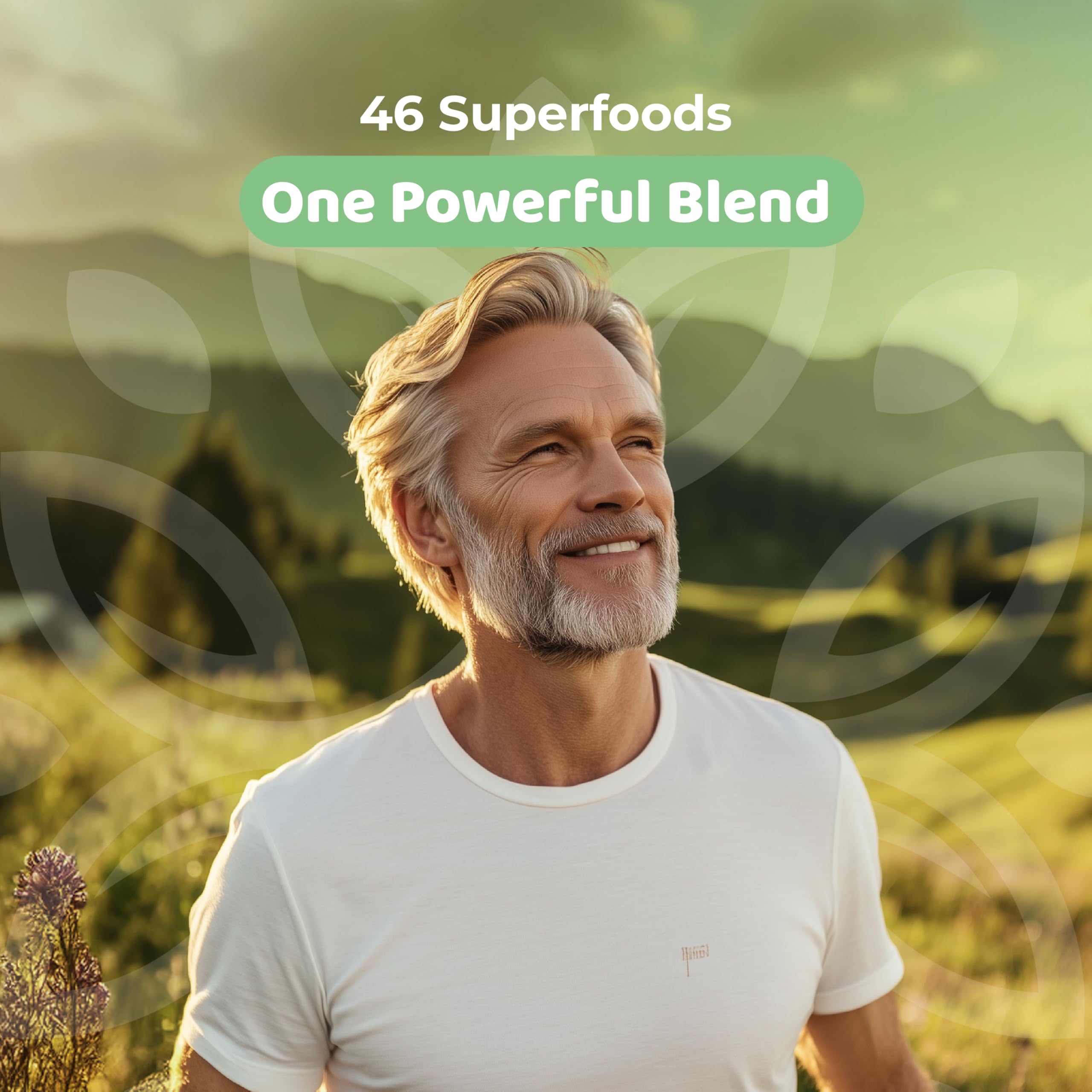 Close-up of NATURES BLAST Greens ingredients highlighting 46 superfoods