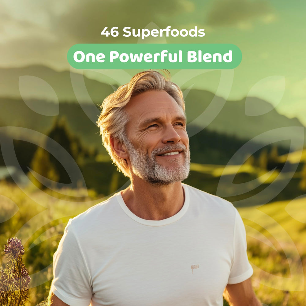 Close-up of NATURES BLAST Greens ingredients highlighting 46 superfoods