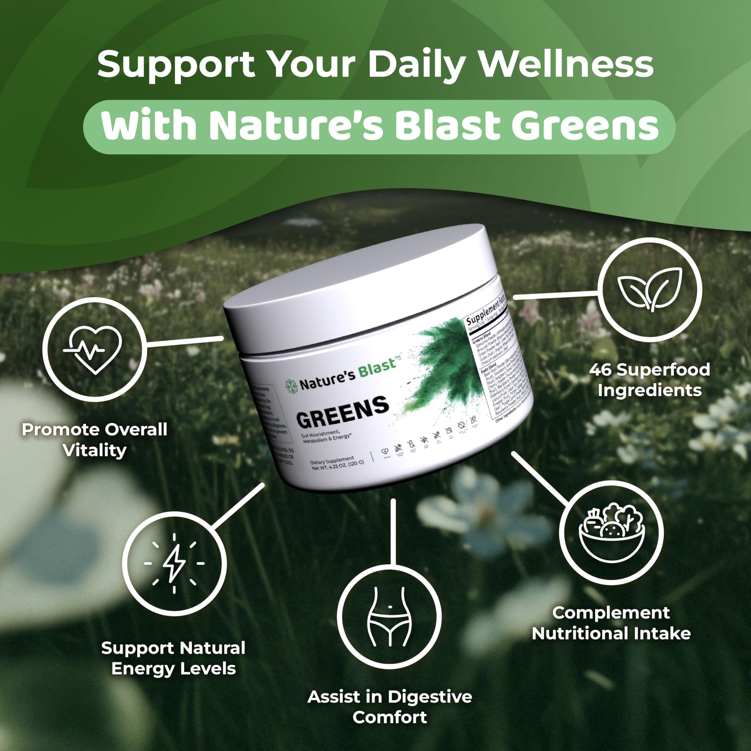 Glass of NATURES BLAST Greens smoothie with vibrant color