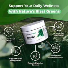 Glass of NATURES BLAST Greens smoothie with vibrant color