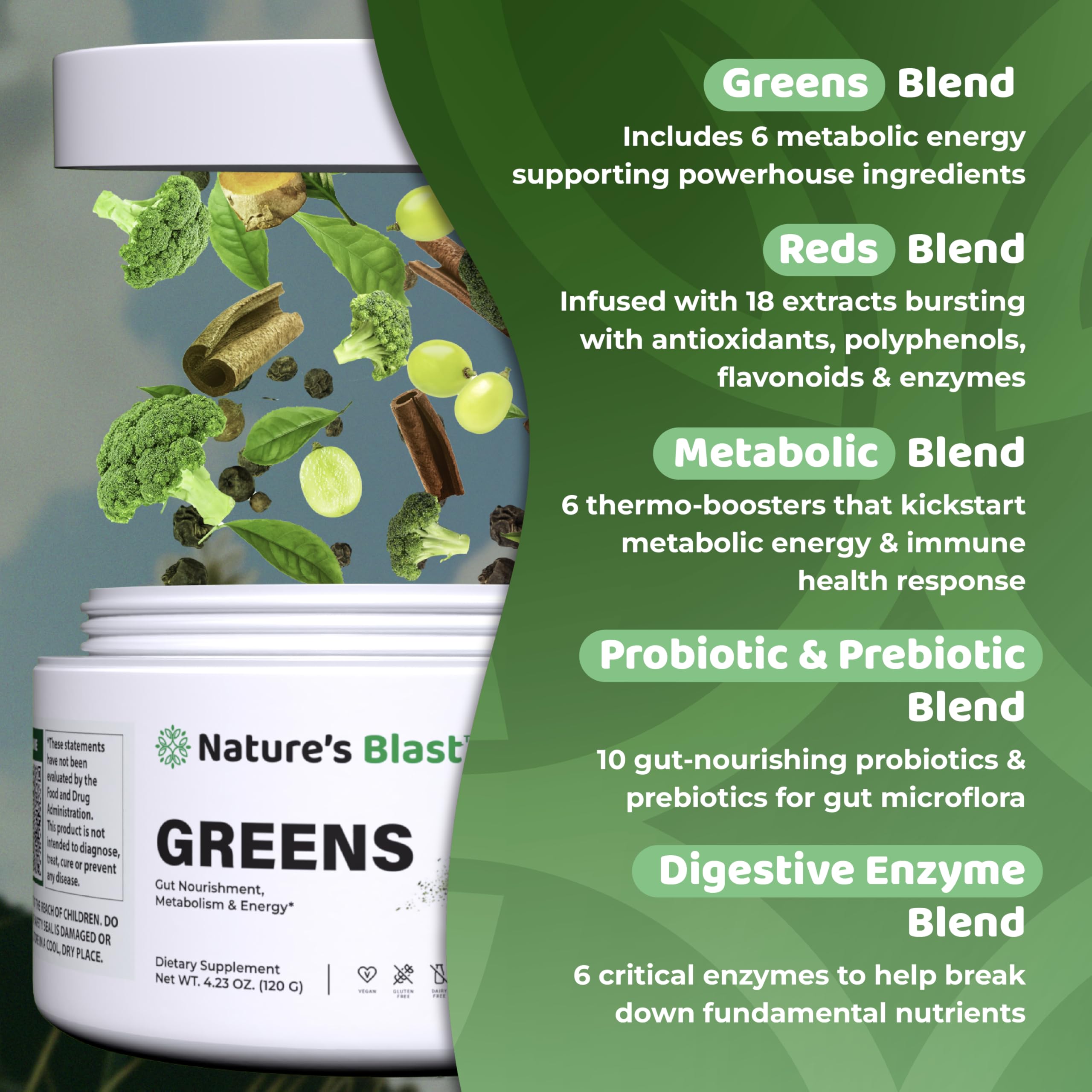 Blender cup ready to mix NATURES BLAST Greens powder