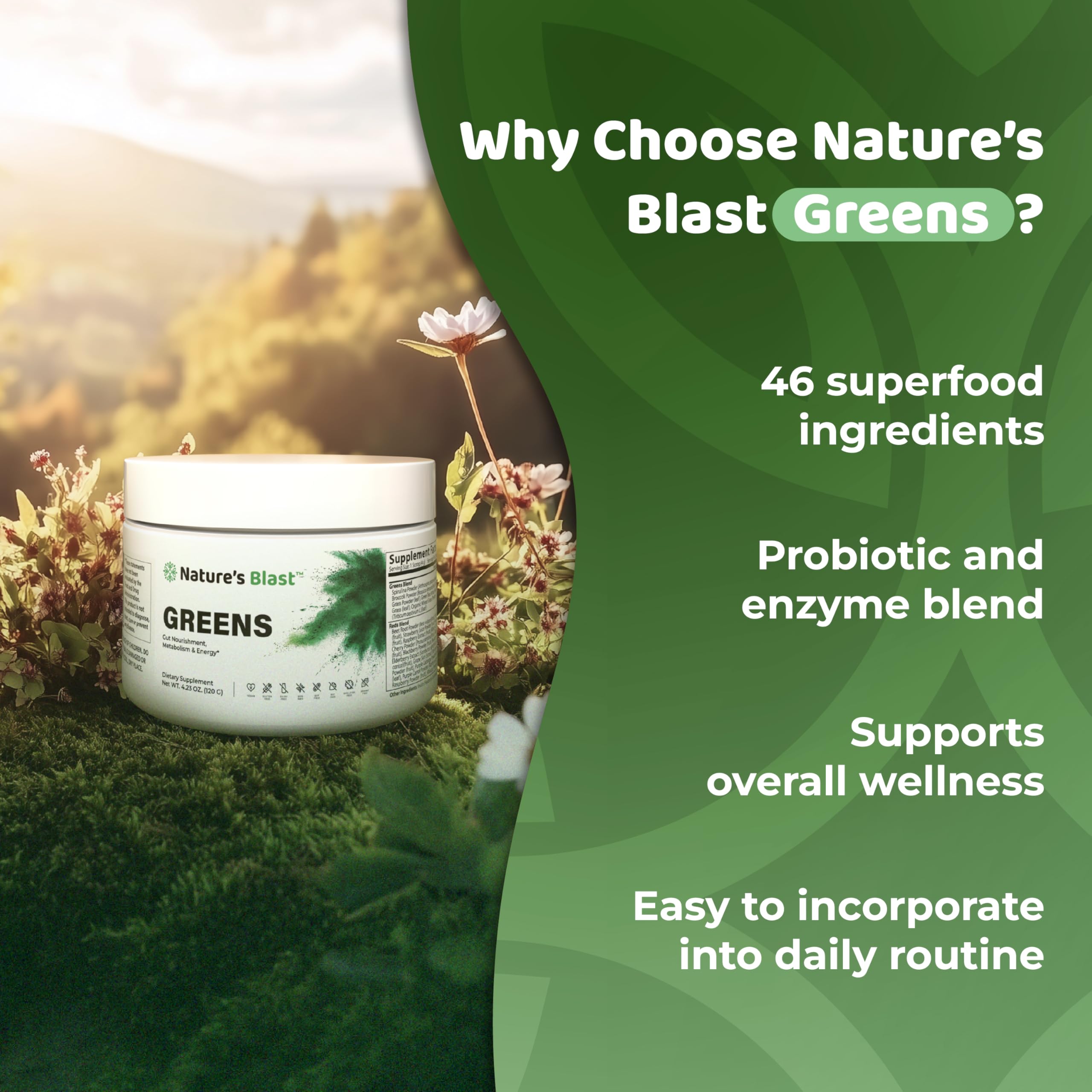 NATURES BLAST Greens powder poured for a smooth green drink