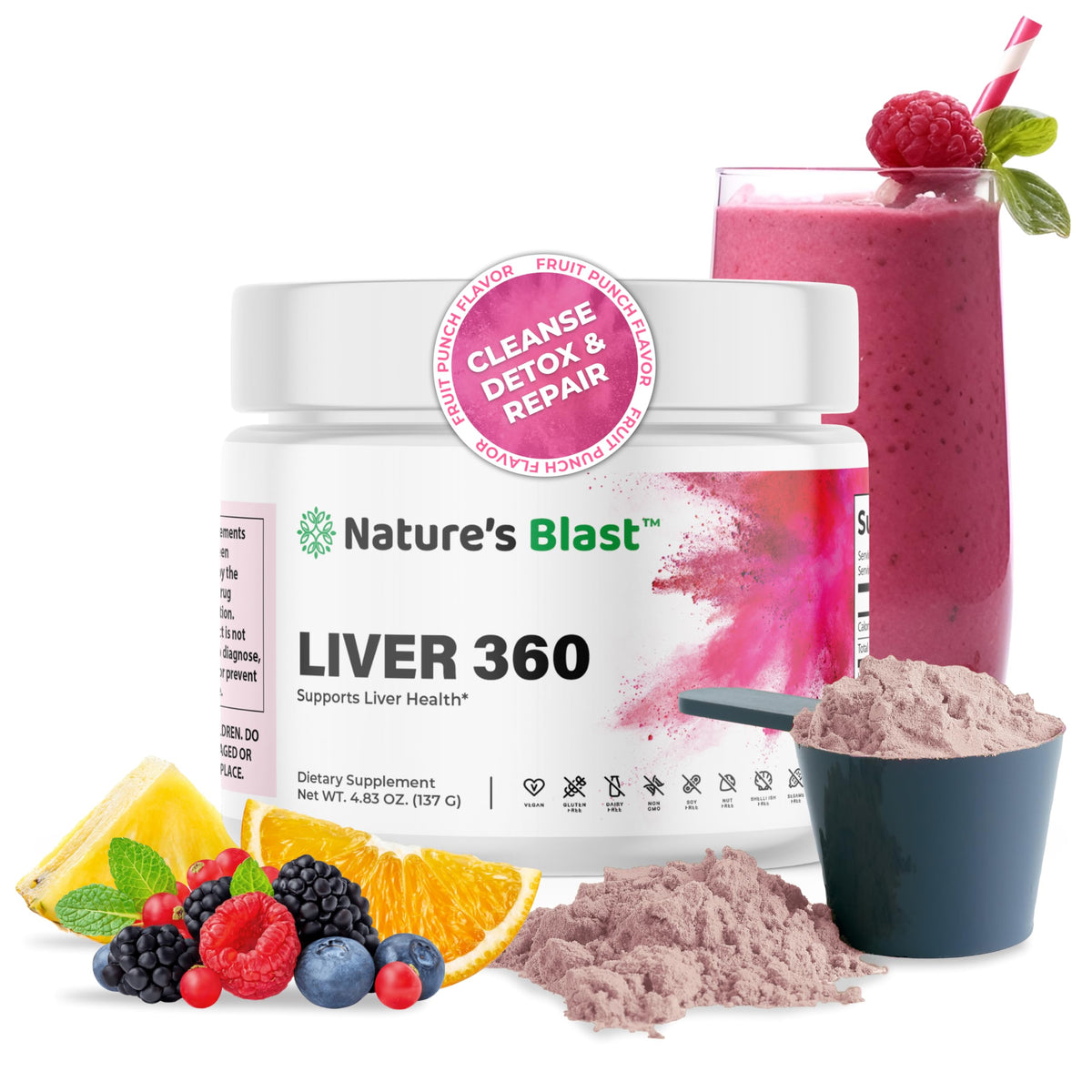 NATURES BLAST Liver 360 powder front label supports daily detox routines.
