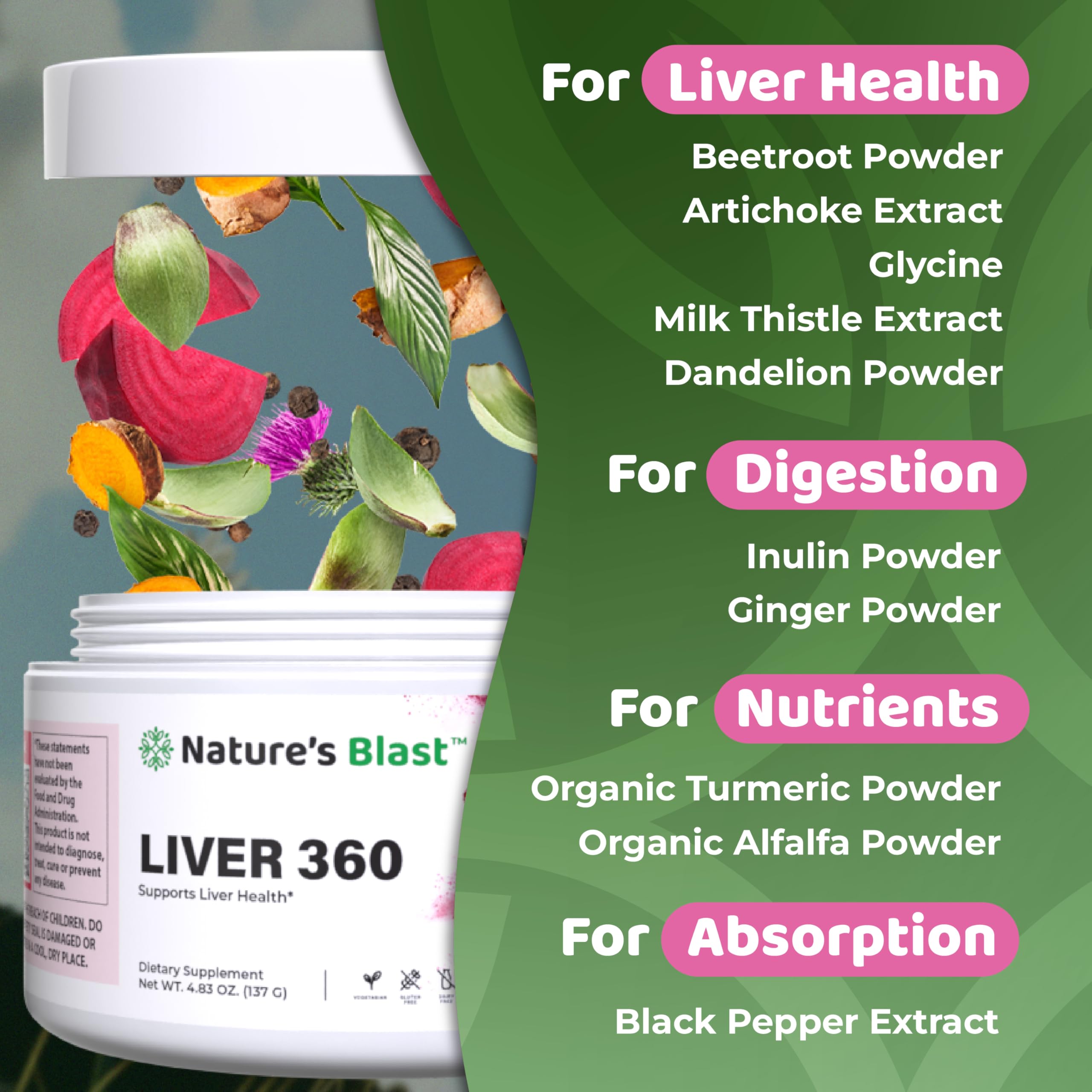 NATURES BLAST Liver 360 serving size chart helps plan daily intake.